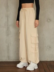 SHEIN Essnce Jogginghose mit seitlichen Pattentaschen, Tunnelzug, - Beige - Übersicht 4