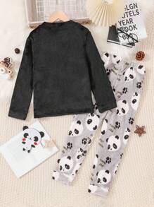 男大童刺繡貓熊&標語圖案絨布睡衣套裝 - 黑色 - 查看 2