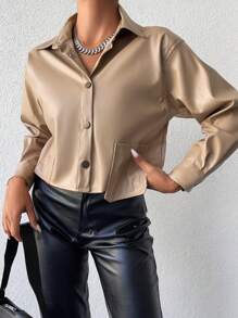 EURMUSE Drop Shoulder Pocket Patched PU Jacket - Beige - View 3