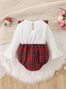 Baby Girl Tartan Print Ruffle Trim Flounce Sleeve Bow Front 2 In 1 Bodysuit - Red - View 2