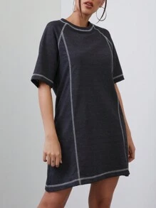 Shein女裝寬鬆短袍配對縫線休閒長裙 - 藍色 - 查看 3