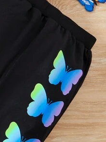 SHEIN Tween Girl Reflective Butterfly Print Hooded Jacket & Sweatpants & Tee - Black - View 6