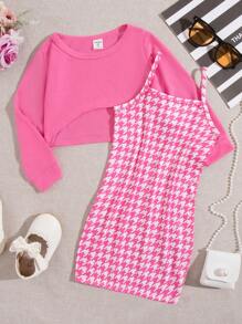 SHEIN Young Girl Houndstooth Print Cami Dress & High Low Hem Tee - Multicolor - View 1