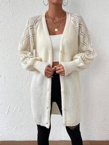 SHEIN Essnce Pointelle Knit Lantern Sleeve Button Front Cardigan - Beige - View 4