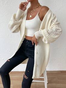 SHEIN Essnce Pointelle Knit Lantern Sleeve Button Front Cardigan - Beige - View 7