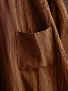 EMERY ROSE 半排扣高低下擺口袋貼布長款襯衫 - 鏽棕色 - 查看 3