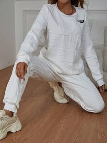 SHEIN Unity 休閒女士白色字母提花圓領長袖衛衣和寬鬆長褲2件套裝，適合春、秋、冬日常穿著。（另有親子裝，2件式分開售） - 白色 - 查看 7