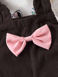 女嬰卡通熊圖案T恤&前蝴蝶結背帶洋裝 - 彩色 - 查看 6