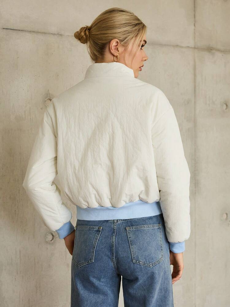 Zip Up Contrast Binding Drop Shoulder Padded Coat