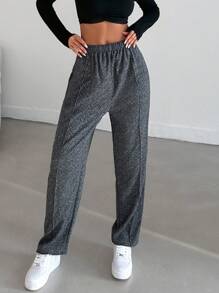 Chevron Print Elastic Waist Straight Leg Pants - Black - View 6