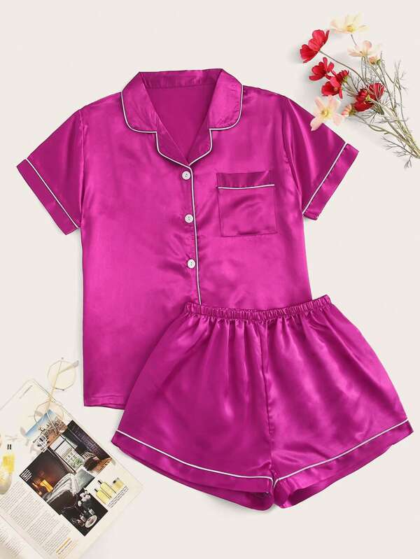 Conjunto de pijama de satén con ribete de contraste en neón rosa intenso, para vacaciones