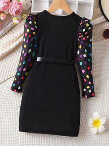 SHEIN 女孩波點圖案泡泡袖繫腰帶洋裝