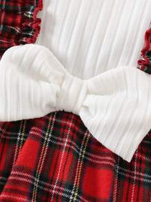Baby Girl Tartan Print Ruffle Trim Flounce Sleeve Bow Front 2 In 1 Bodysuit - Red - View 4