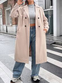 Flirla Plus Lapel Neck Double Breasted Belted Trench Coat - Apricot - View 4