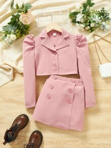 SHEIN Cô gái Tween Cổ áo Ống tay áo Áo Jacket Crop & Váy - Màu Hồng baby - Xem 1