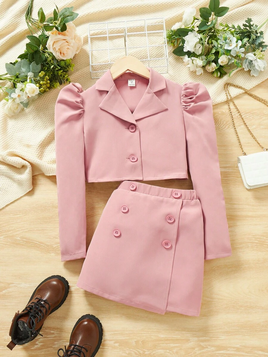 SHEIN Cô gái Tween Cổ áo Ống tay áo Áo Jacket Crop & Váy - Màu Hồng baby - Xem 1