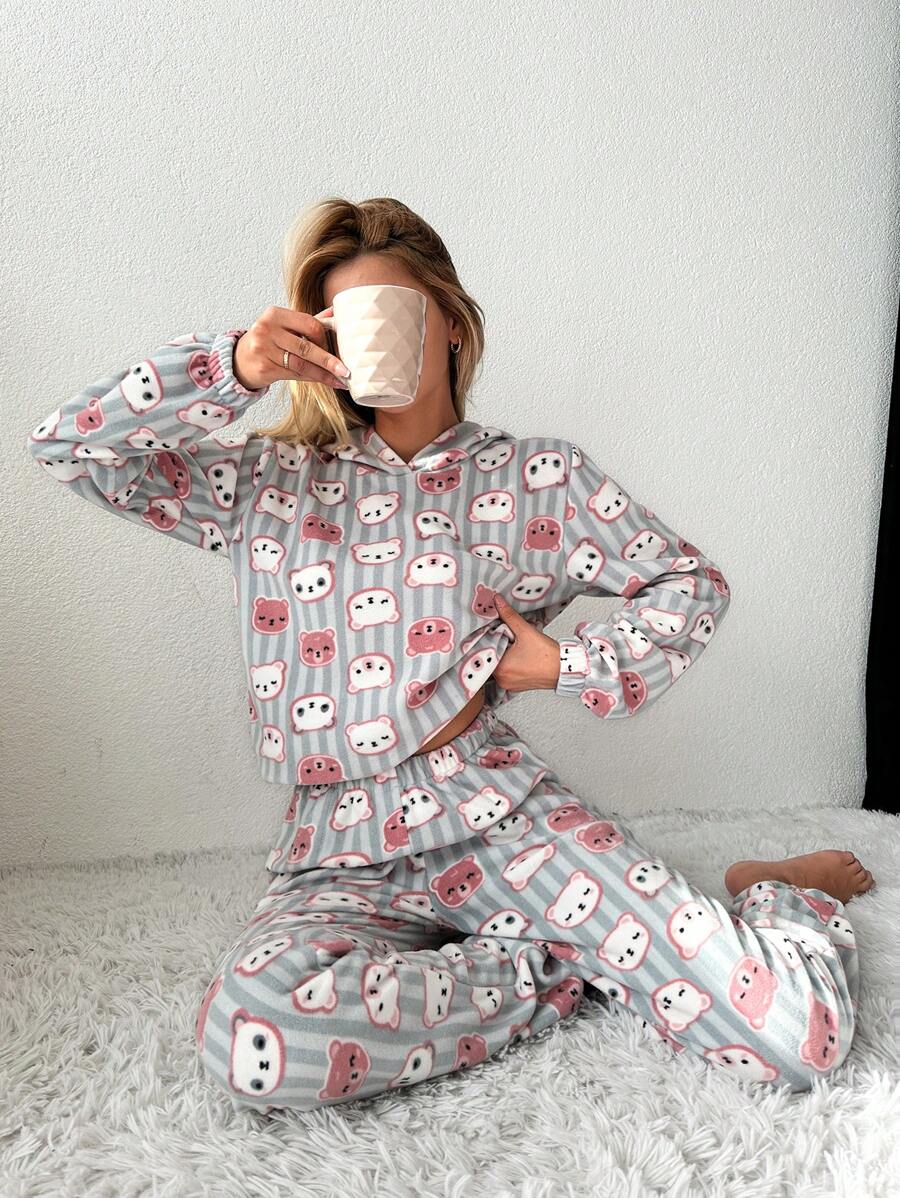 RueChic Cartoon Graphic Hoodie & Pants PJ Set - Grey - View 1