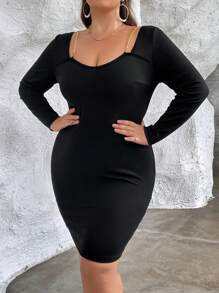 SHEIN Privé Plus Chain Detail Bodycon Dress - Black - View 1