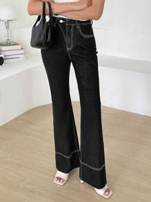 DAZY Top-stitching Flare Leg Jeans - Black - View 4