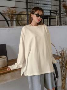 DAZY Chất rắn Thả vai Viền chia cắt Áo thun - Màu be - Xem 4