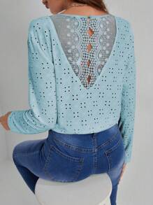 SHEIN Frenchy Guipure Lace Insert Button Back Tee - Baby Blue - View 1
