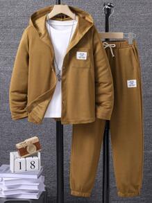 SHEIN Tween Boy Letter Patched Detail Hooded Jacket & Drawstring Waist Sweatpants Without Tee - Brown - View 1