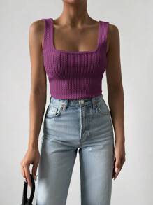 Women's Sleeveless Knitted Top With Square Neckline - Purple - View 6