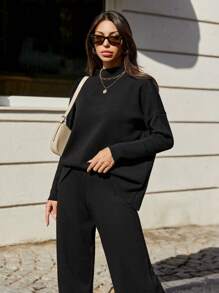 EURMUSE Drop Shoulder Sweater & Knit Pants - Black - View 3
