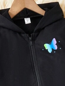 SHEIN Tween Girl Reflective Butterfly Print Hooded Jacket & Sweatpants & Tee - Black - View 3