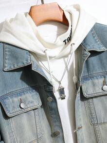 Manfinity 男士大码水洗口袋貼布牛仔夾克無連帽衫 - 藍色 - 查看 6