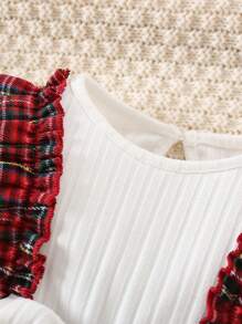 Baby Girl Tartan Print Ruffle Trim Flounce Sleeve Bow Front 2 In 1 Bodysuit - Red - View 3