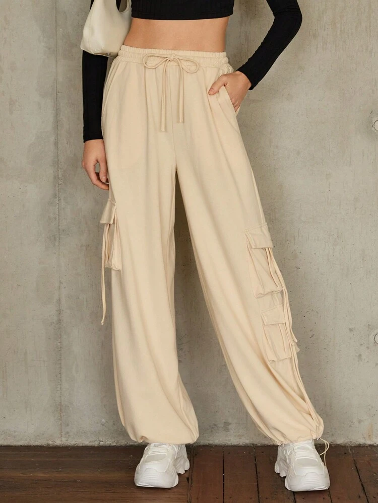 Flap Pocket Side Drawstring Waist Sweatpants
