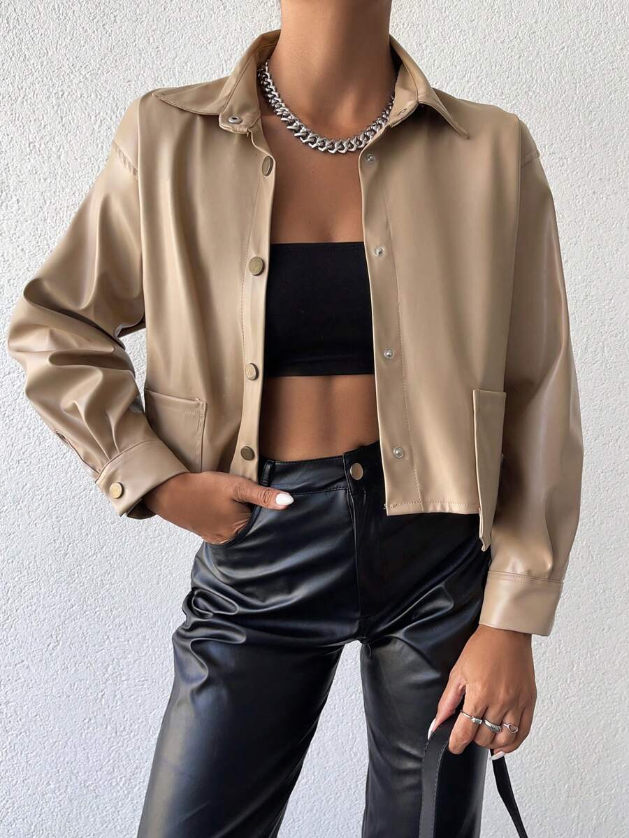 EURMUSE Drop Shoulder Pocket Patched PU Jacket - Beige - View 1