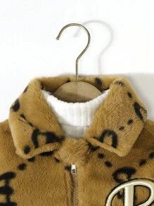 SHEIN Young Girl 1pc Letter Pattern Zip Up Teddy Jacket - Brown - View 4