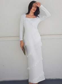 SHEIN Privé 方領流蘇邊緊身洋裝 - 白色 - 查看 1