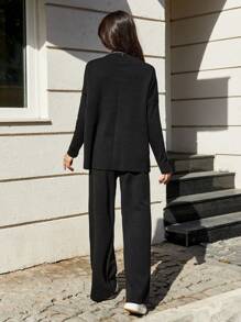 EURMUSE Drop Shoulder Sweater & Knit Pants - Black - View 2