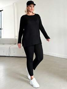 RueChic Plus Solid Split Hem Ribbed Knit Tee & Leggings - Black - View 1