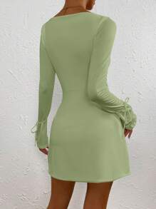 Chiquease Sweetheart Neck Knot Cuff Split Hem Dress - Green - View 2
