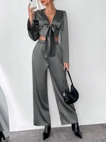 SHEIN Privé Solid Tie Front Crop Top & Wide Leg Pants - Dark Grey - View 1