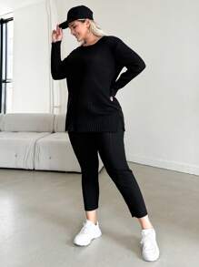 RueChic Plus Solid Split Hem Ribbed Knit Tee & Leggings - Black - View 4