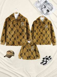 SHEIN Young Girl 1pc Letter Pattern Zip Up Teddy Jacket - Brown - View 7