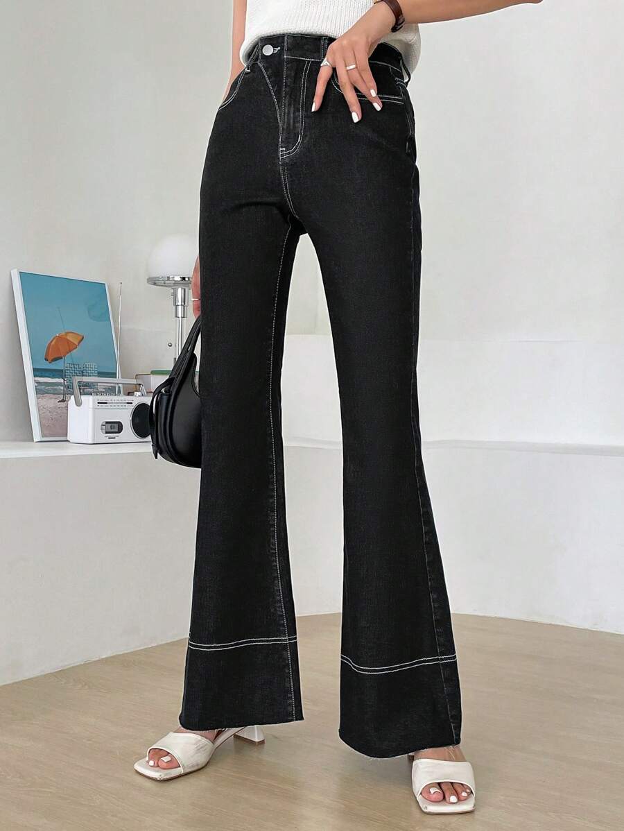 DAZY Top-stitching Flare Leg Jeans - Black - View 1