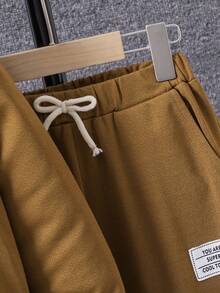 SHEIN Tween Boy Letter Patched Detail Hooded Jacket & Drawstring Waist Sweatpants Without Tee - Brown - View 5