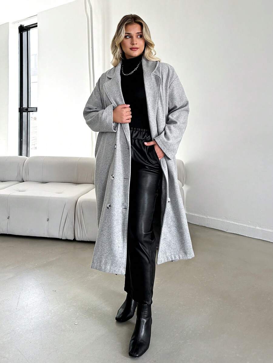 RueChic Plus Lapel Neck Double Breasted Overcoat - Light Grey - View 1