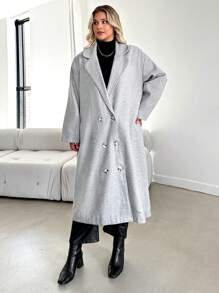 RueChic Plus Lapel Neck Double Breasted Overcoat - Light Grey - View 5