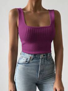 Women's Sleeveless Knitted Top With Square Neckline - Purple - View 5