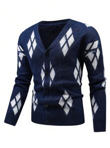 Manfinity Homme Men Argyle Pattern Button Front Cardigan - Blue and White - View 3