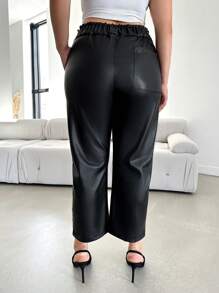 SHEIN Cottnline Plus Elastic Waist PU Leather Pants - Black - View 2