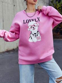 SHEIN Cottnline Dog & Letter Graphic Drop Shoulder Sweatshirt - Pink - View 5