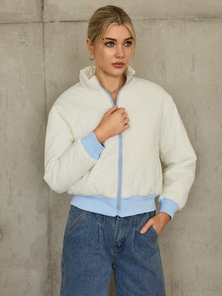 Zip Up Contrast Binding Drop Shoulder Padded Coat